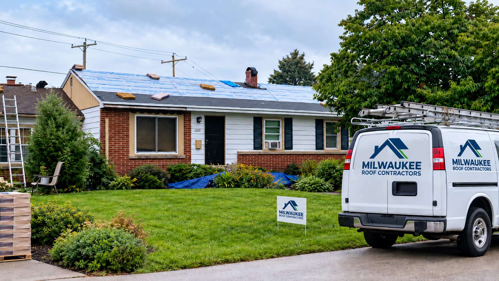 A Milwaukee Roof Contractors van parked outside a Milwaukee-area ranch home during a roof replacement, with new underlayment down and shingle bundles staged in the yard