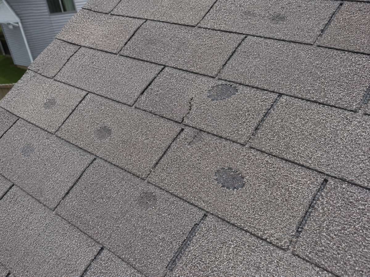 Hail damage on an asphalt shingle roof in the Milwaukee area